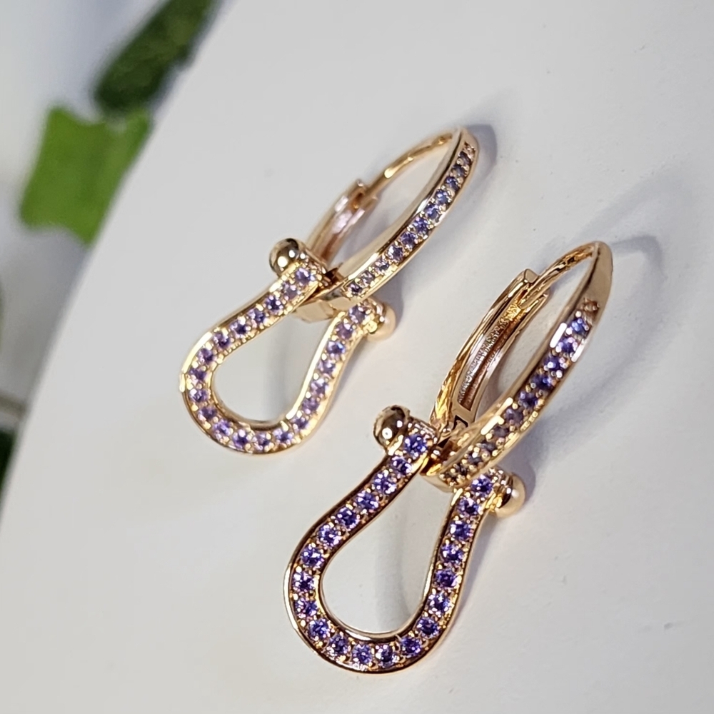 Gold with Purple CZ Horseshoe Huggie Hoop Earrings